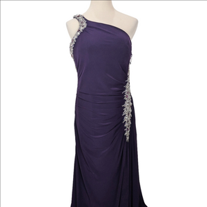 Chic One-Shoulder Dress in Deep Purple Jeweled Beading High Slit